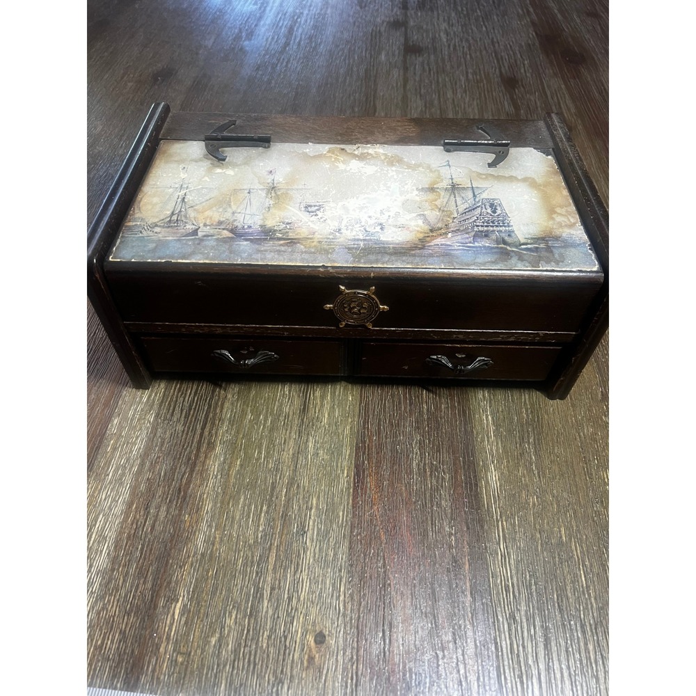 Vintage Nautical Wooden Jewelry Box Pirate Ship Anchor Hinges 2 Drawer Trinket